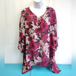 Sami & Jo Plus Red Floral 3/4 Sleeve Pullover Blouse Tunic Chiffon Size 1X